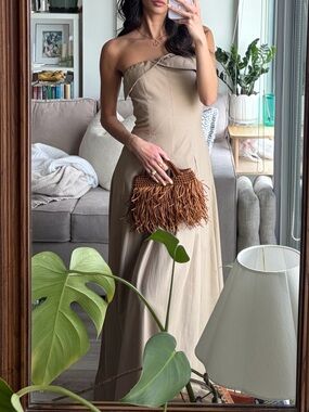 Taupe Bandeau Pleated Midaxi Dress